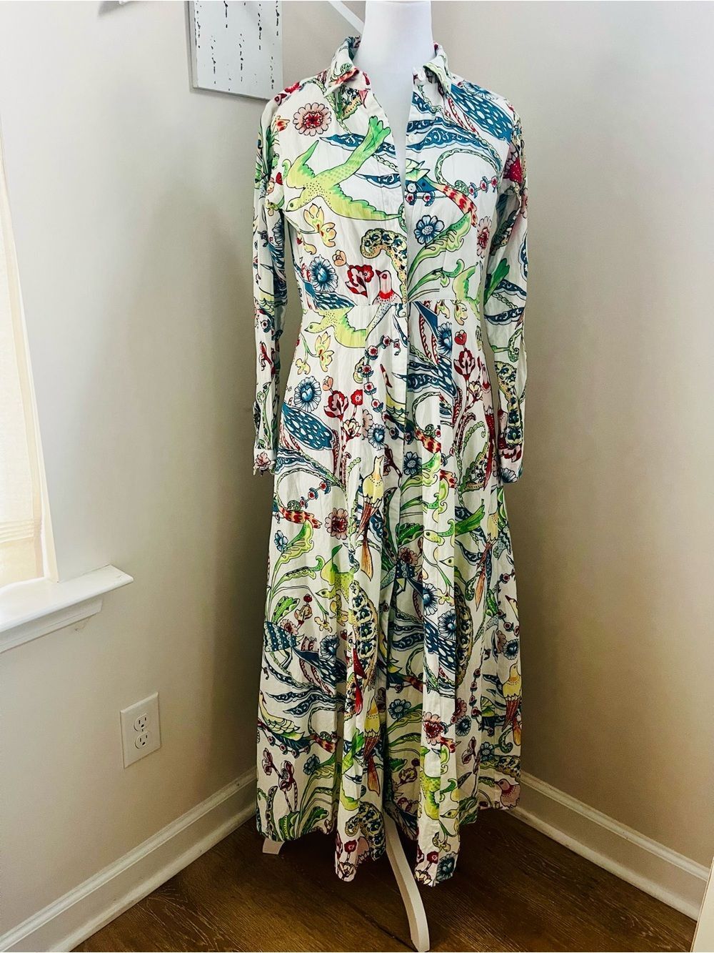 LIVRO Floral& Bird Print Button-Front Maxi Dress, fully lined with pockets; XS - Picture 3 of 11
